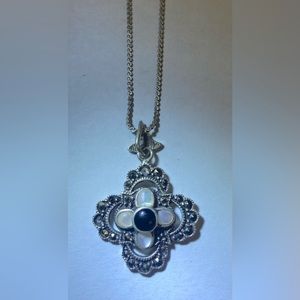 SILVER .925 AGATHE & PEARL PENDANT & CHAIN VINTAGE GORGEOUS MADE IN ITALY